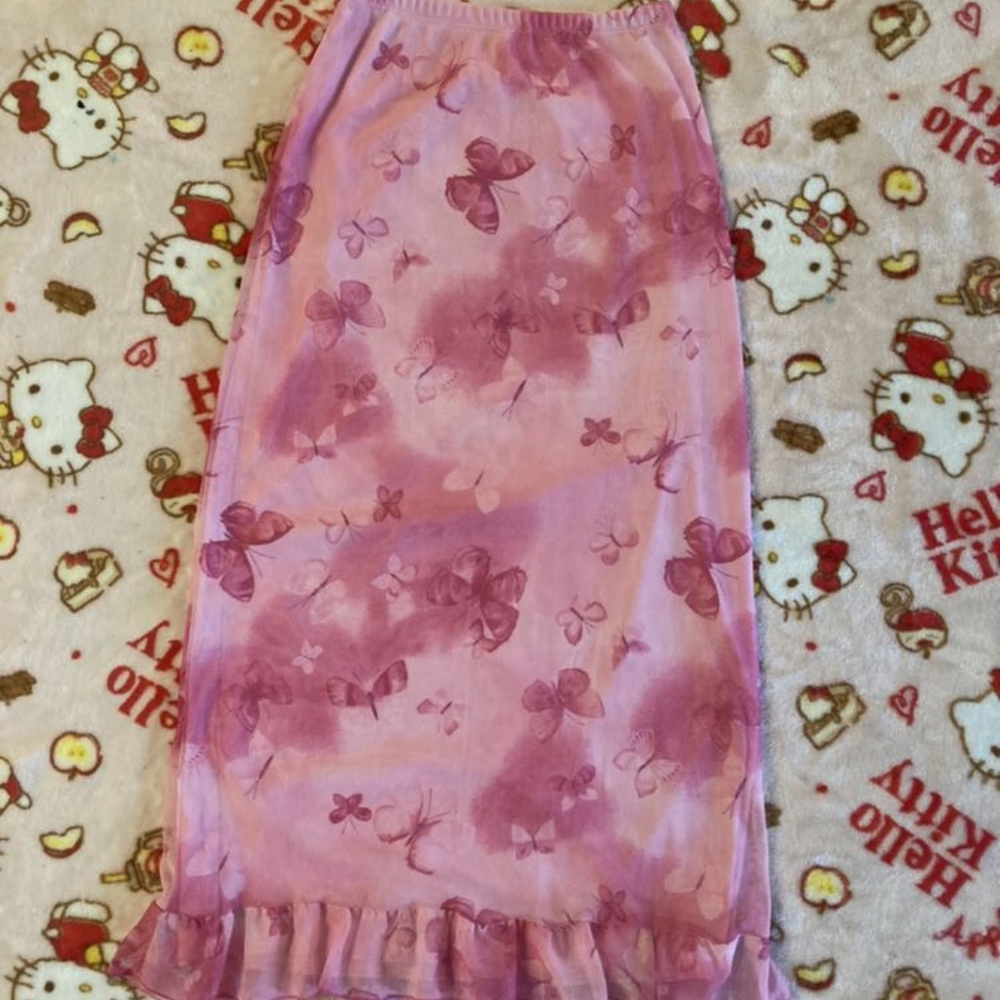 pink butterfly midi skirt with ruffles
